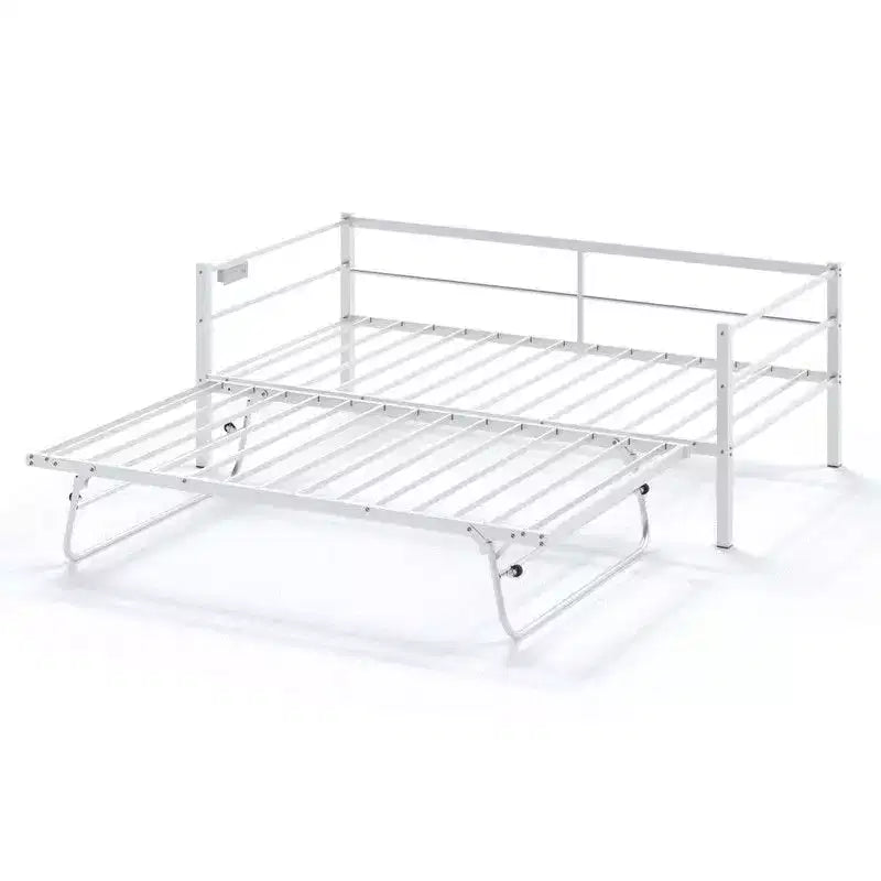 Karl Home Twin Size Heavy Duty Metal Day Daybed With Pop Up Trundle, No Box Spring Needed,White