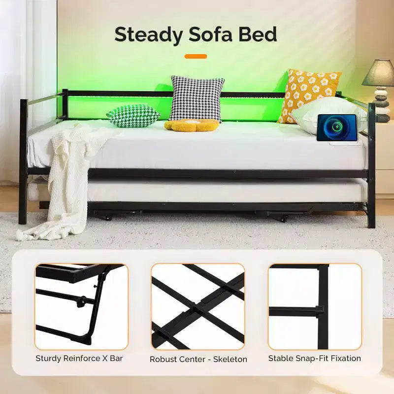 Divano letto singolo Karl Home in metallo resistente con letto estraibile a scomparsa, nessuna base a molle richiesta, bianco