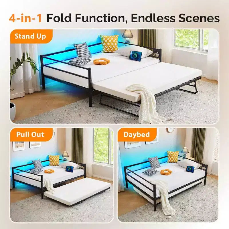 Divano letto singolo Karl Home in metallo resistente con letto estraibile a scomparsa, nessuna base a molle richiesta, bianco