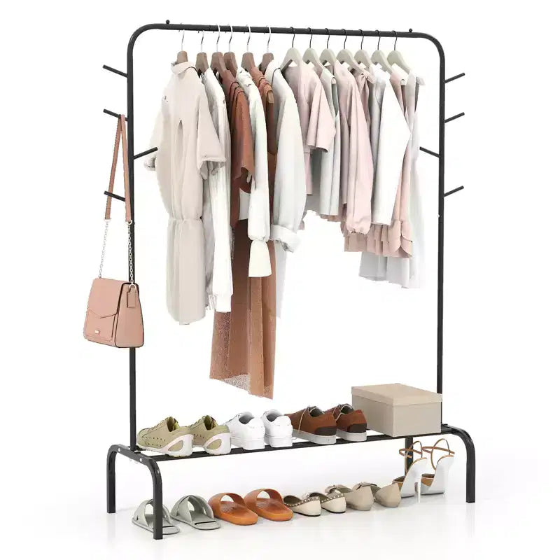 Costway 50-Inch Wide Metal Garment Wardrobe Rack w/8 Hooks & Storage Shelf for Laundry