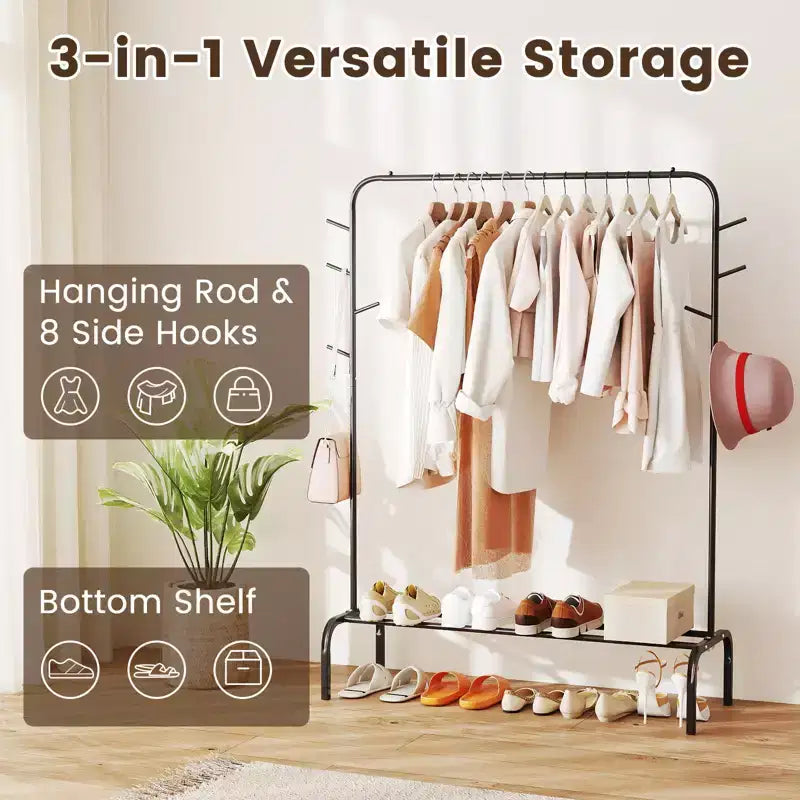 Costway 50-Inch Wide Metal Garment Wardrobe Rack w/8 Hooks & Storage Shelf for Laundry