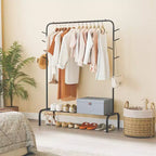 Costway 50-Inch Wide Metal Garment Wardrobe Rack w/8 Hooks & Storage Shelf for Laundry