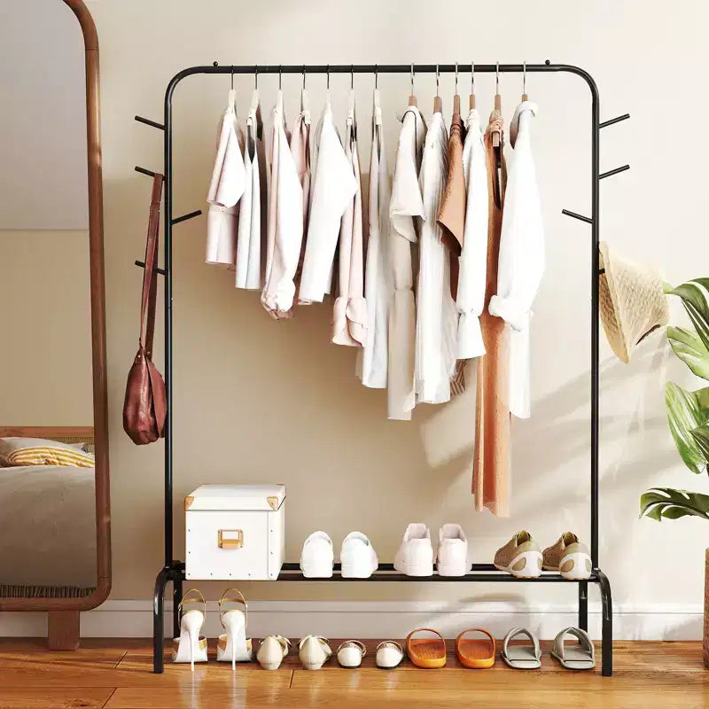 Costway 50-Inch Wide Metal Garment Wardrobe Rack w/8 Hooks & Storage Shelf for Laundry