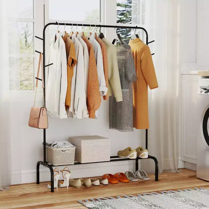 Costway 50-Inch Wide Metal Garment Wardrobe Rack w/8 Hooks & Storage Shelf for Laundry