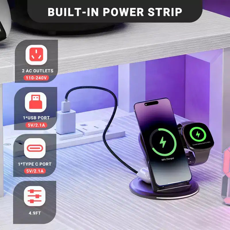 Scrivania da Gaming a L Bestier con Luci LED RGB, Stazione di Ricarica USB, Presa di Corrente, Supporto per Monitor e Scaffali Portaoggetti