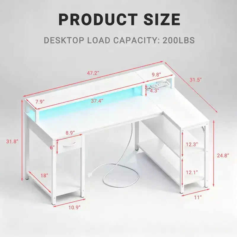 Scrivania da Gaming a L Bestier con Luci LED RGB, Stazione di Ricarica USB, Presa di Corrente, Supporto per Monitor e Scaffali Portaoggetti