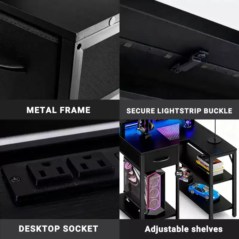 Scrivania da Gaming a L Bestier con Luci LED RGB, Stazione di Ricarica USB, Presa di Corrente, Supporto per Monitor e Scaffali Portaoggetti