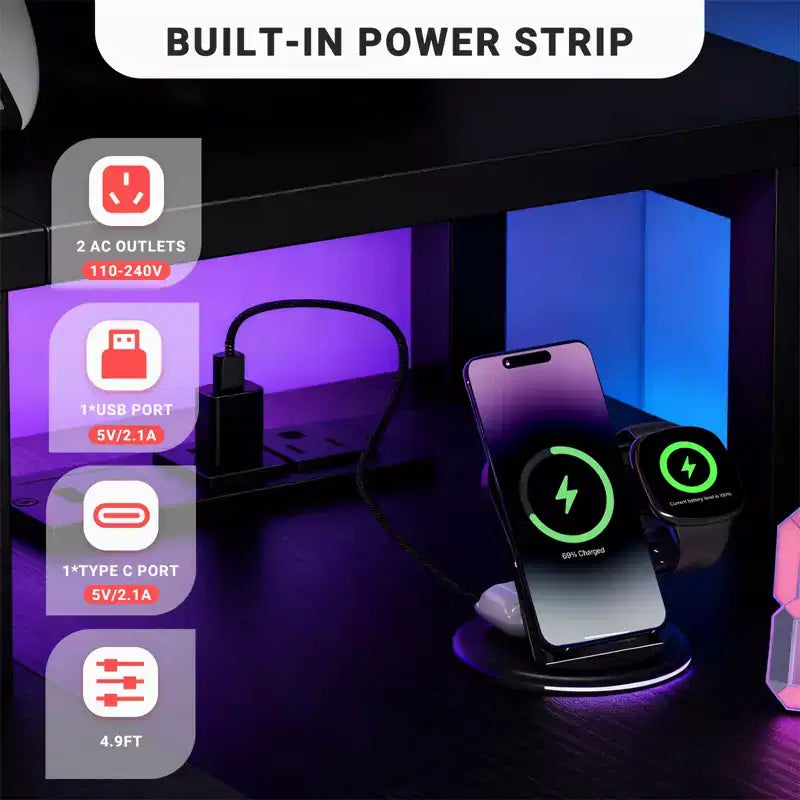Scrivania da Gaming a L Bestier con Luci LED RGB, Stazione di Ricarica USB, Presa di Corrente, Supporto per Monitor e Scaffali Portaoggetti
