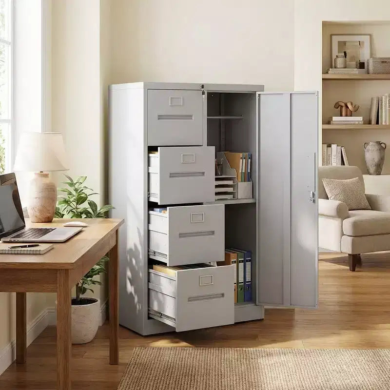 VIYET 52 4-Drawer 1-Door Metal Storage Cabinet with Lock - White Vertical Steel Filing Cabinet for Home Office, School & Living Room