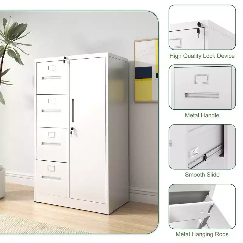 VIYET 52 4-Drawer 1-Door Metal Storage Cabinet with Lock - White Vertical Steel Filing Cabinet for Home Office, School & Living Room