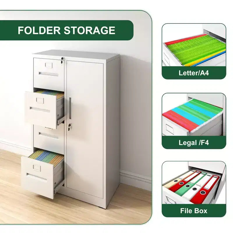 VIYET 52 4-Drawer 1-Door Metal Storage Cabinet with Lock - White Vertical Steel Filing Cabinet for Home Office, School & Living Room