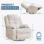 360 Swivel Rocker Recliner Chair for Adults, Rocking Manual Glider Sofa with 3 Positions, 2 Cup Holders, 4 Pockets for Nursery, Living Room, Bedroom