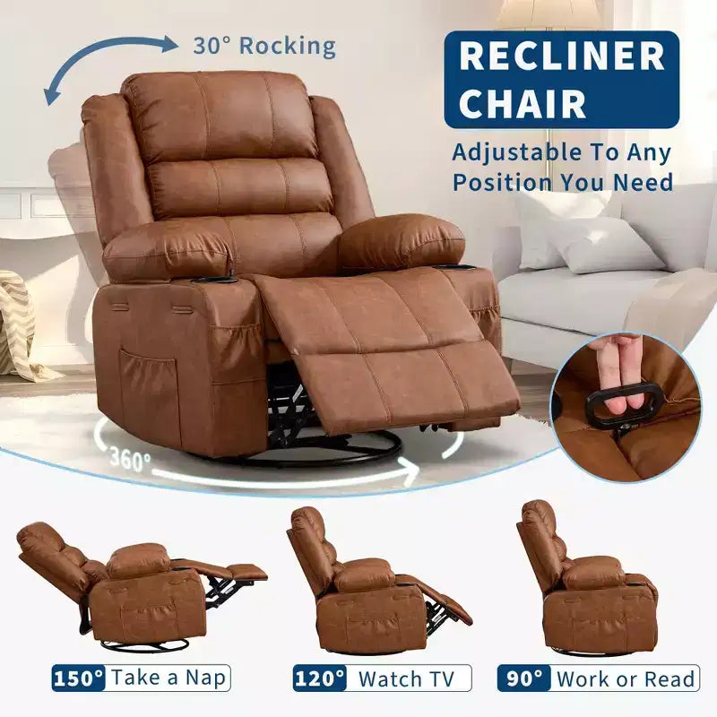 360 Swivel Rocker Recliner Chair for Adults, Rocking Manual Glider Sofa with 3 Positions, 2 Cup Holders, 4 Pockets for Nursery, Living Room, Bedroom