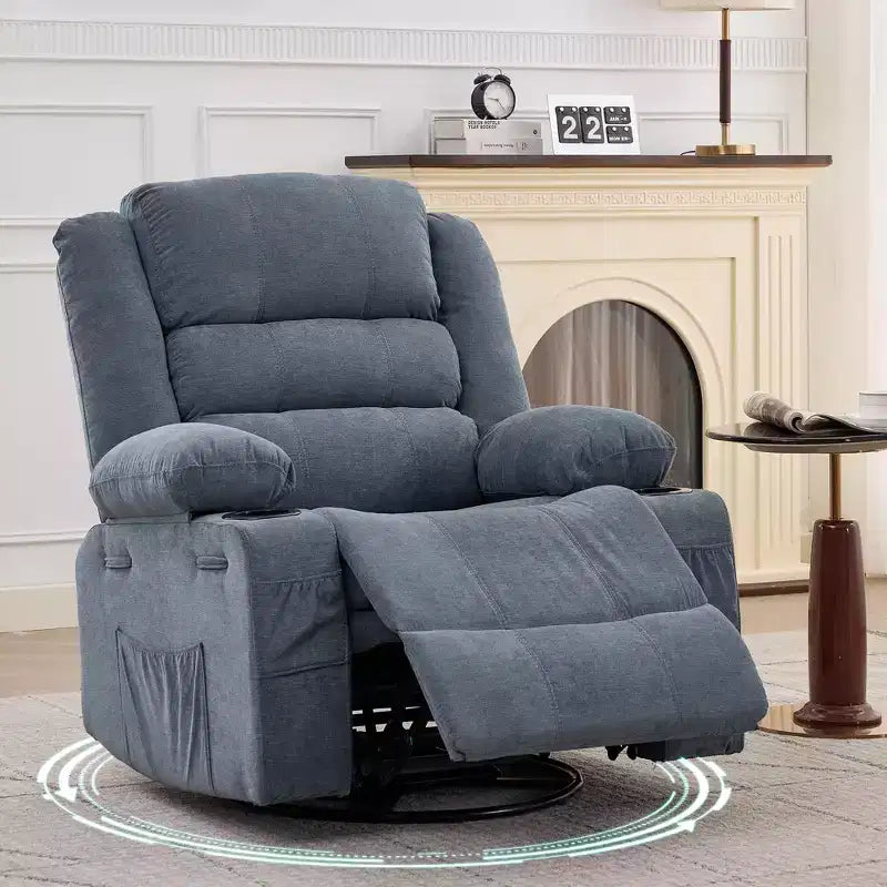360 Swivel Rocker Recliner Chair for Adults, Rocking Manual Glider Sofa with 3 Positions, 2 Cup Holders, 4 Pockets for Nursery, Living Room, Bedroom