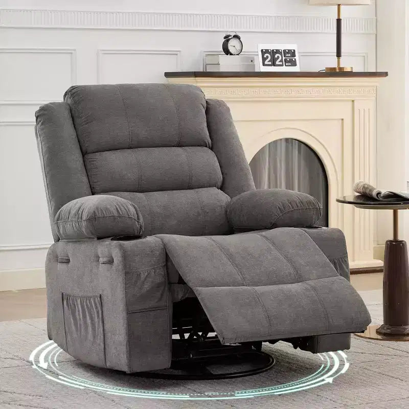 360 Swivel Rocker Recliner Chair for Adults, Rocking Manual Glider Sofa with 3 Positions, 2 Cup Holders, 4 Pockets for Nursery, Living Room, Bedroom
