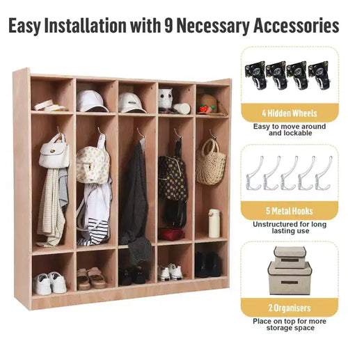 5 Bin 10 Cubby Storage Locker for Classroom and Home, Unfinished Wood Coat Backpack Organizer with Metal Frame for Kids