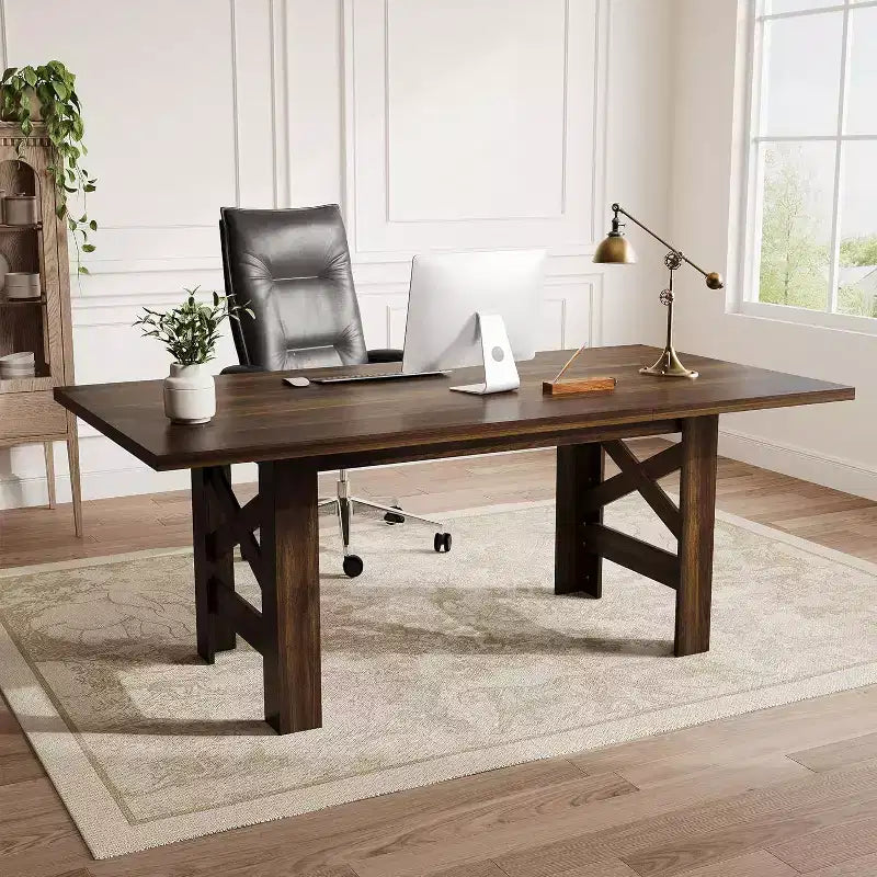 71 Grande Tavolo da Pranzo per 6-8, Tavolo da Cucina in Legno Stile Fattoria con Robuste Gambe Triangolari, Piano Spesso Rettangolare, Base Resistente per Sala da Pranzo