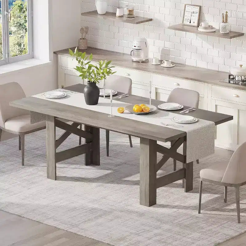 71 Large Dining Table for 6-8, Farmhouse Wooden Kitchen Table with Sturdy Triangular Legs, Thick Rectangle Tabletop, Heavy-Duty Base for Dining Room