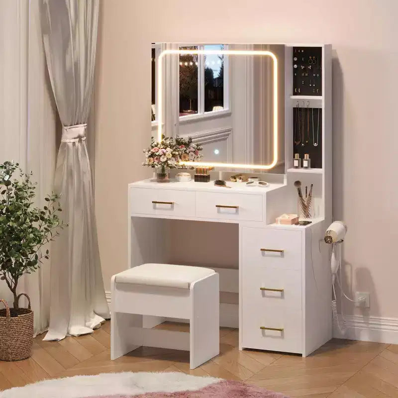 Vanity Desk with Mirror and Lights, Makeup Vanity Set with 5 Drawers, Stool, Power Outlet, 3 Color Lighting Modes Adjustable Brightness Vanity
