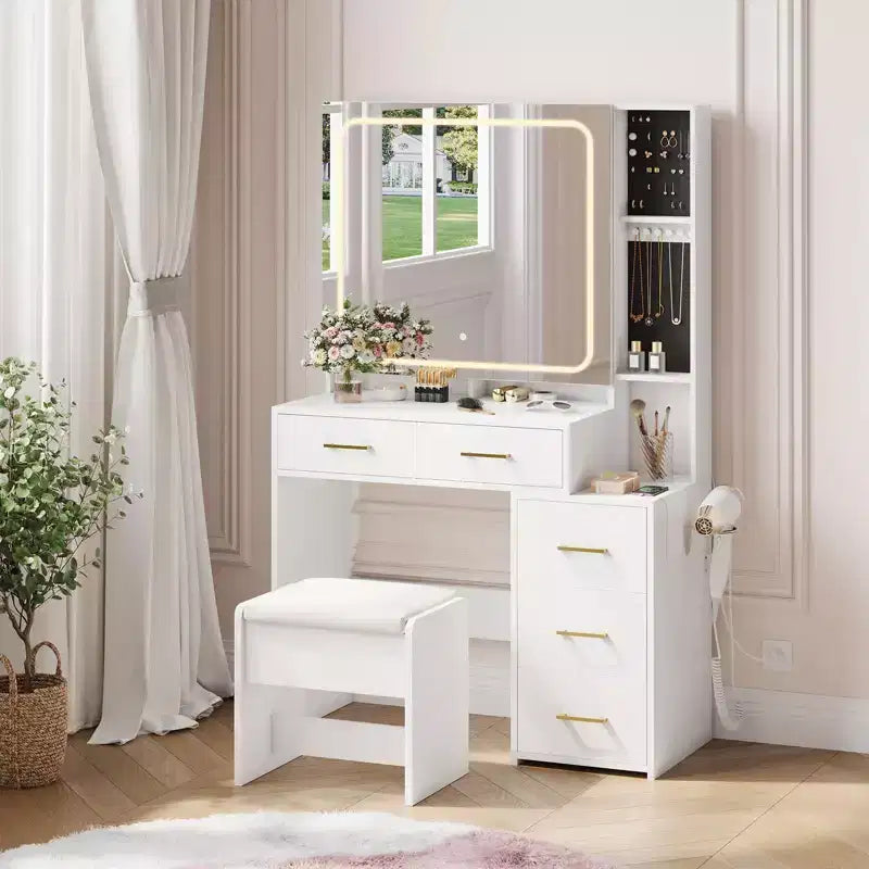 Toeletta con Specchio e Luci, Set Toeletta Trucco con 5 Cassetti, Sgabello, Presa di Corrente, 3 Modalità di Illuminazione a Colori, Luminosità Regolabile