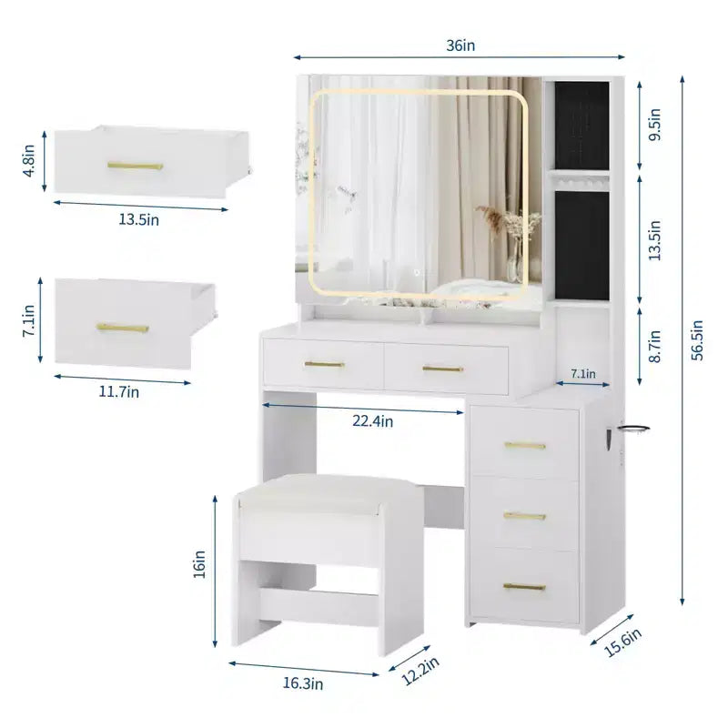 Toeletta con Specchio e Luci, Set Toeletta Trucco con 5 Cassetti, Sgabello, Presa di Corrente, 3 Modalità di Illuminazione a Colori, Luminosità Regolabile