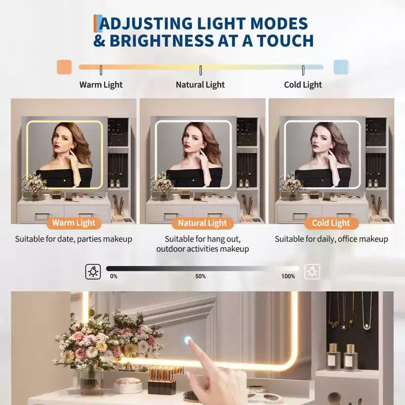 Toeletta con Specchio e Luci, Set Toeletta Trucco con 5 Cassetti, Sgabello, Presa di Corrente, 3 Modalità di Illuminazione a Colori, Luminosità Regolabile