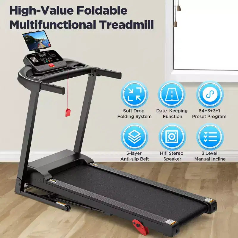 Tapis roulant pieghevole da 2,75HP con capacità di 136 kg, 3 livelli di inclinazione, velocità massima di 12 km/h, tapis roulant portatile per casa, 64+6+1 programmi, APP intelligente, altoparlanti stereo HiFi Bluetooth