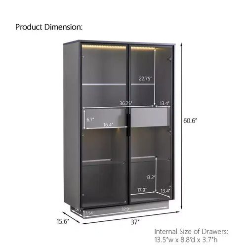 60.6'' Freestanding Glass Door Display Cabinet, Bookcase with 2 Storage Drawers, Pantry with LED Lighting and Adjustable Shelves, for Hallways Kitchen