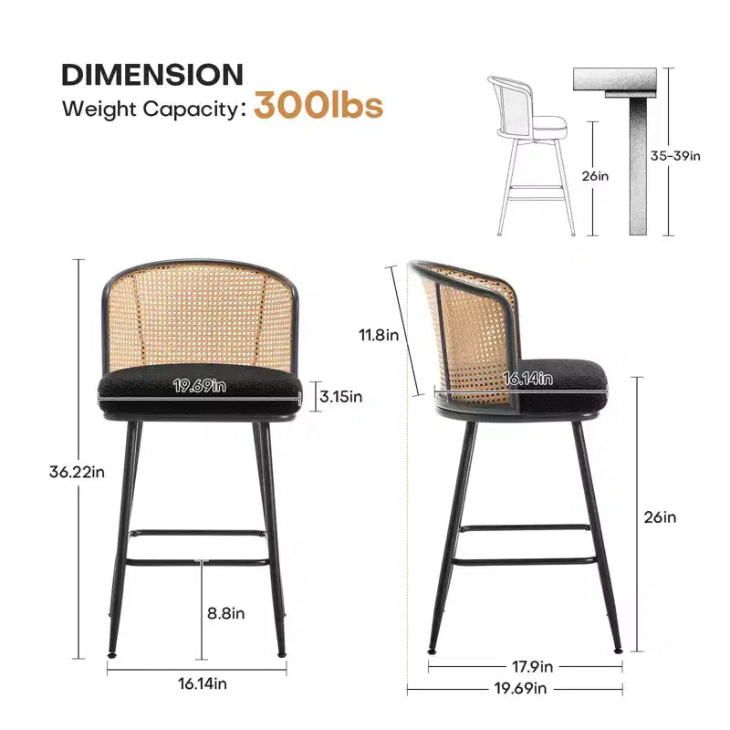 Bekrvio Set di 2/3/4 Sgabelli da Bar con Schienale in Rattan, Seduta Imbottita, Struttura in Metallo e Poggiapiedi, Sedie da Bar Moderne per Isola Cucina, Pub Domestico