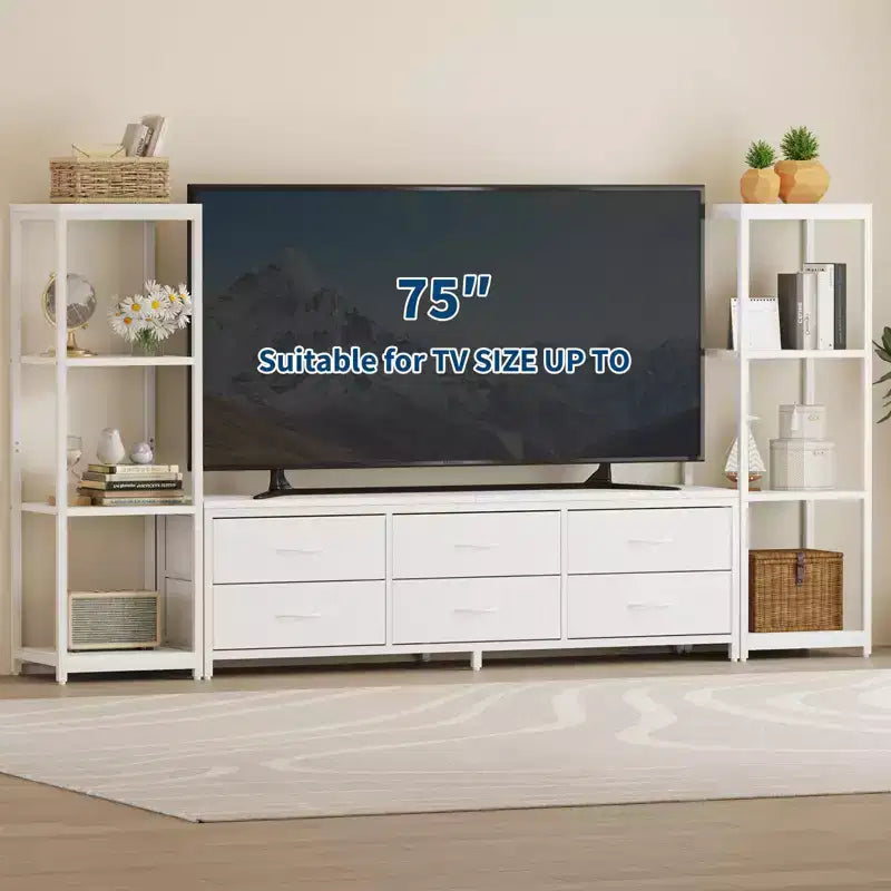 Mobile TV Acekool per TV da 75 pollici, mobile multimediale moderno con luci LED, prese di corrente, 6 cassetti e mensole, nero
