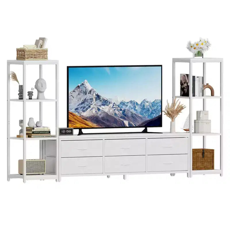 Mobile TV Acekool per TV da 75 pollici, mobile multimediale moderno con luci LED, prese di corrente, 6 cassetti e mensole, nero