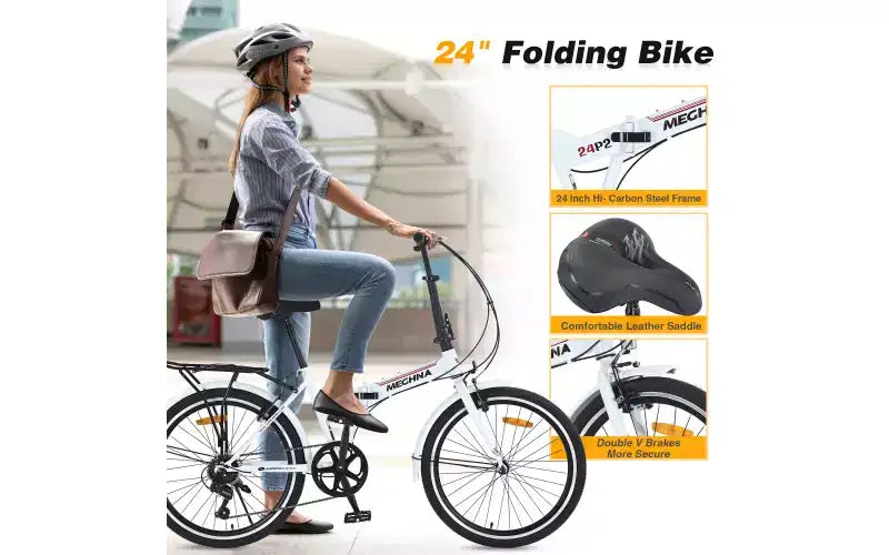 24 Folding City Bike Steel Frame 7 Speed Folding Bike, Bicycle, High-Tensile Steel Frame, V Brakes