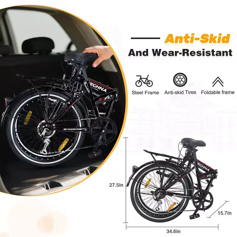 24 Folding City Bike Steel Frame 7 Speed Folding Bike, Bicycle, High-Tensile Steel Frame, V Brakes