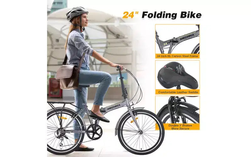 24 Folding City Bike Steel Frame 7 Speed Folding Bike, Bicycle, High-Tensile Steel Frame, V Brakes