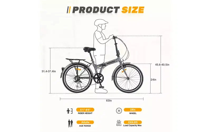 24 Folding City Bike Steel Frame 7 Speed Folding Bike, Bicycle, High-Tensile Steel Frame, V Brakes