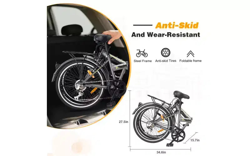 24 Folding City Bike Steel Frame 7 Speed Folding Bike, Bicycle, High-Tensile Steel Frame, V Brakes