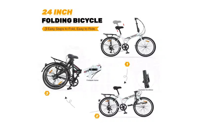 24 Folding City Bike Steel Frame 7 Speed Folding Bike, Bicycle, High-Tensile Steel Frame, V Brakes