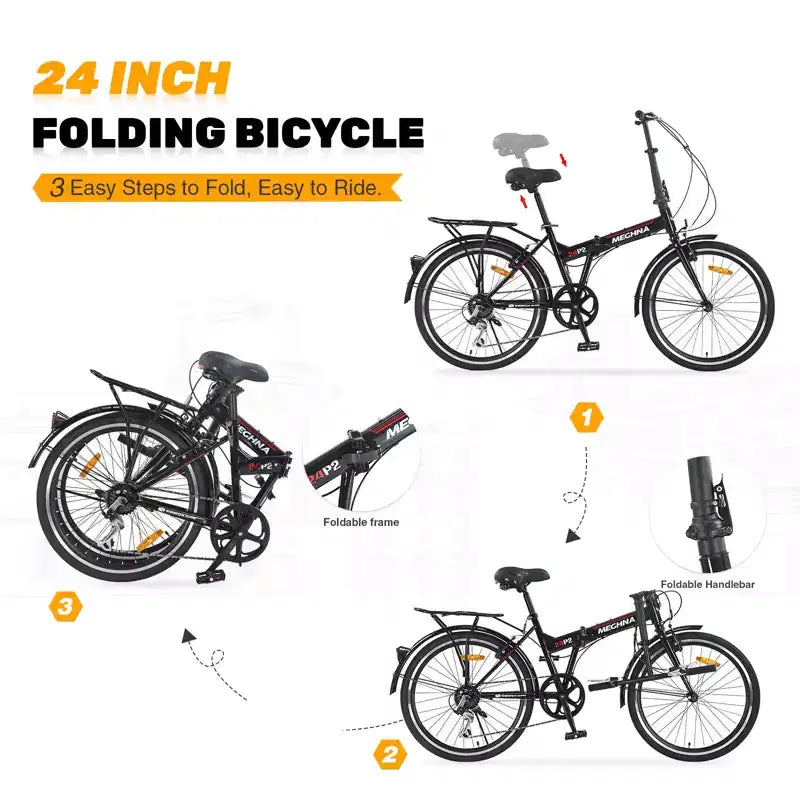 24 Folding City Bike Steel Frame 7 Speed Folding Bike, Bicycle, High-Tensile Steel Frame, V Brakes