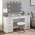 Set di toeletta Royal Hampton 3 pezzi con specchio a LED, ripiano in vetro, sgabello imbottito, bianco