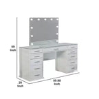 Set di toeletta Royal Hampton 3 pezzi con specchio a LED, ripiano in vetro, sgabello imbottito, bianco
