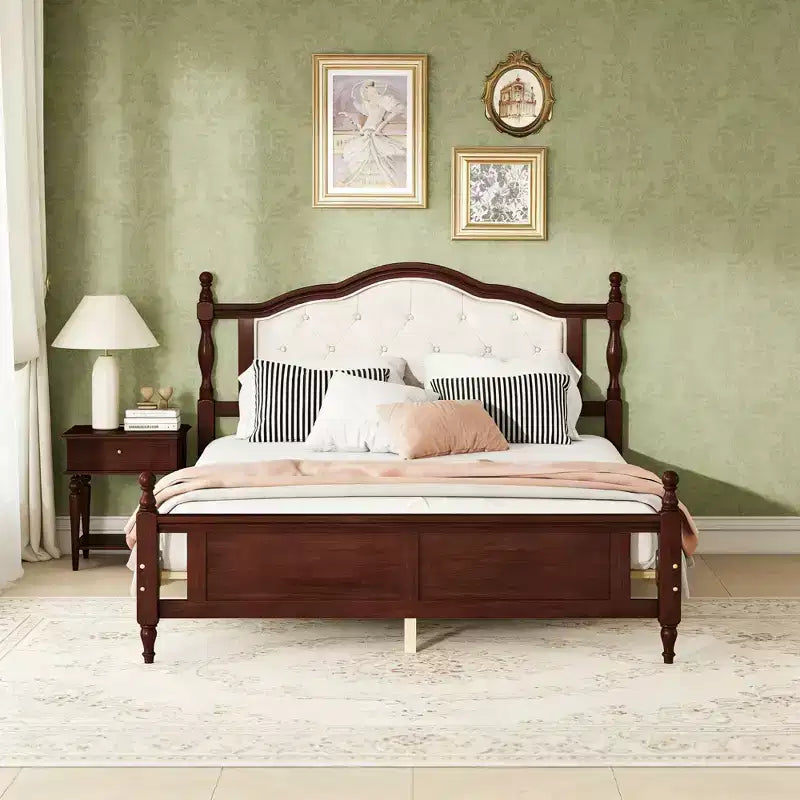 Luxystar Letto Matrimoniale Vintage con Piattaforma, Testiera Imbottita e Pediera a Pannelli
