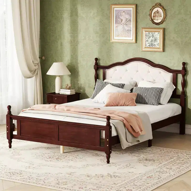 Luxystar Queen Size Vintage Platform Bed with Upholstered Headboard and Panel Footboard