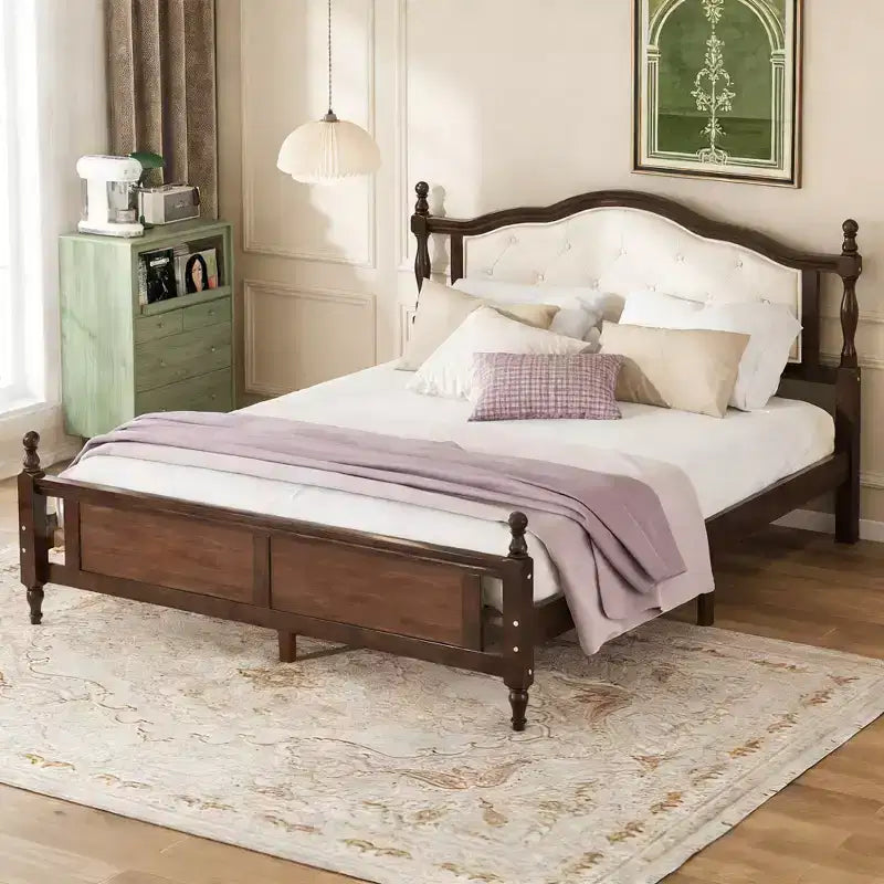 Luxystar Letto Matrimoniale Vintage con Piattaforma, Testiera Imbottita e Pediera a Pannelli