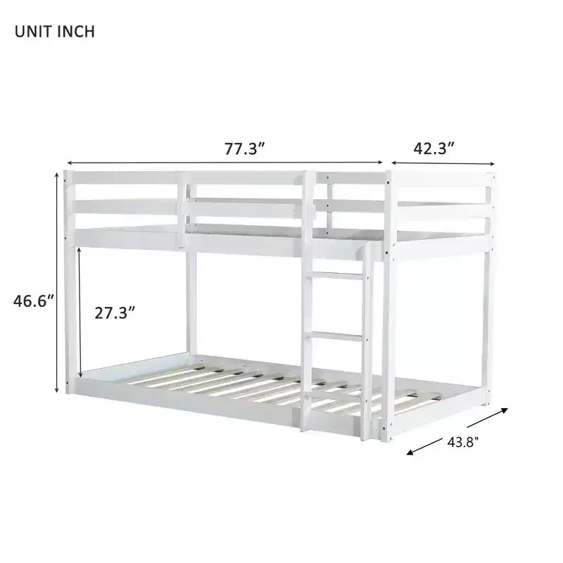 Luxystar Twin Size Floor Bunk Bed with Ladder and Strengthened Slats for Kids Room