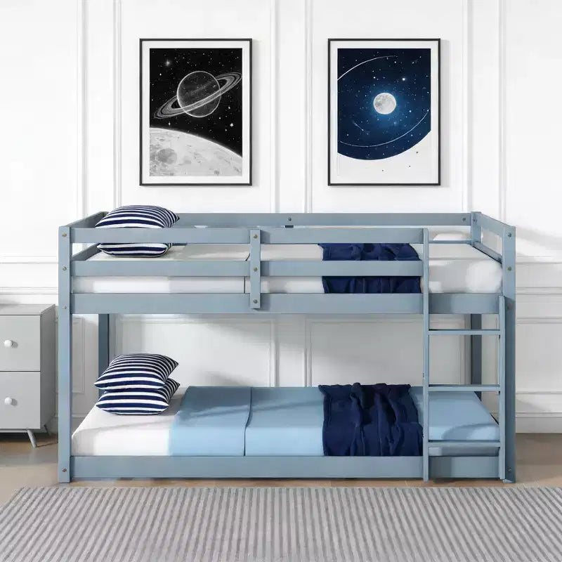 Luxystar Twin Size Floor Bunk Bed with Ladder and Strengthened Slats for Kids Room