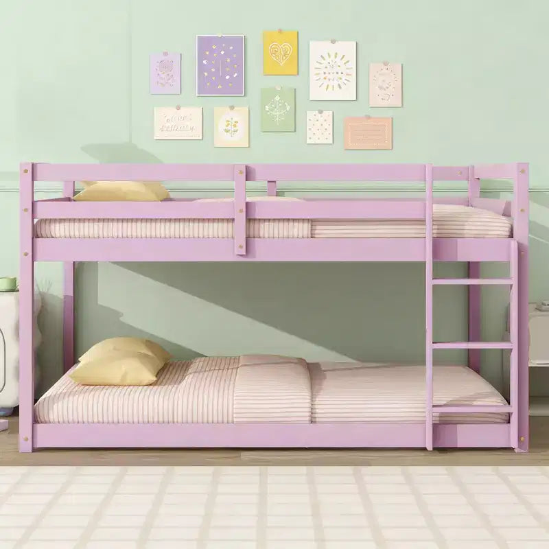 Luxystar Twin Size Floor Bunk Bed with Ladder and Strengthened Slats for Kids Room
