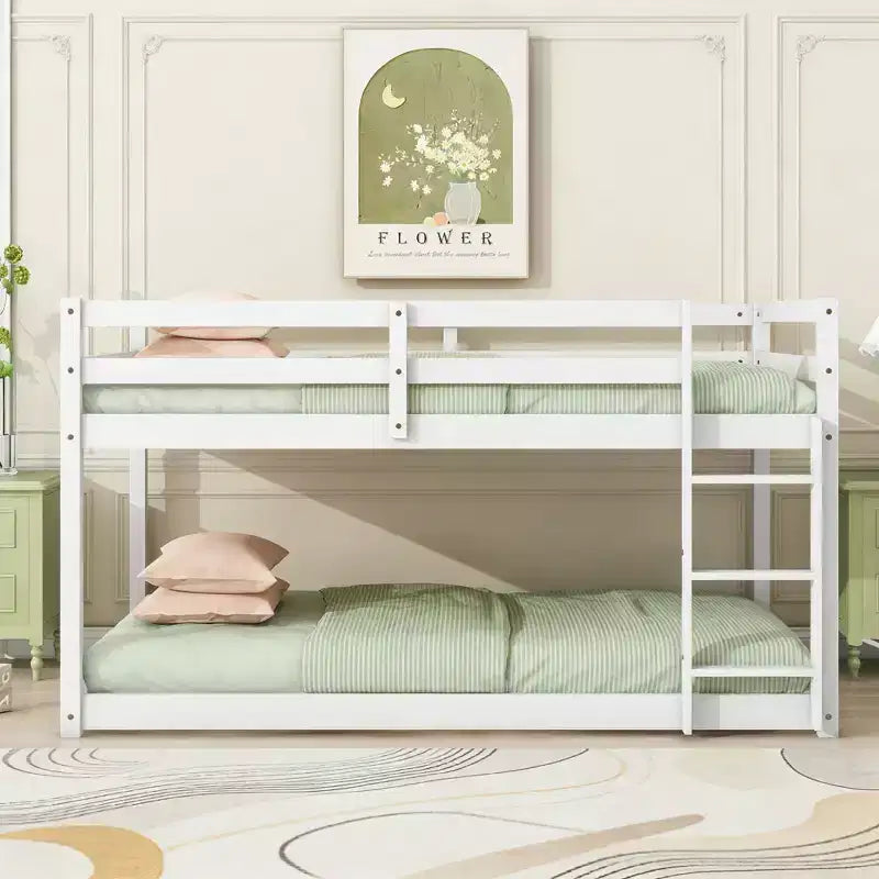 Luxystar Twin Size Floor Bunk Bed with Ladder and Strengthened Slats for Kids Room