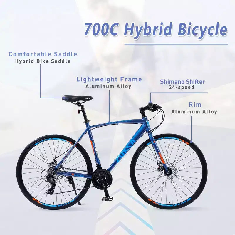 Bici da strada con trasmissione a 24 velocità, bici 700C con freni a disco, bici da città leggera con telaio in lega di alluminio, bici ibrida da strada per uomo e donna