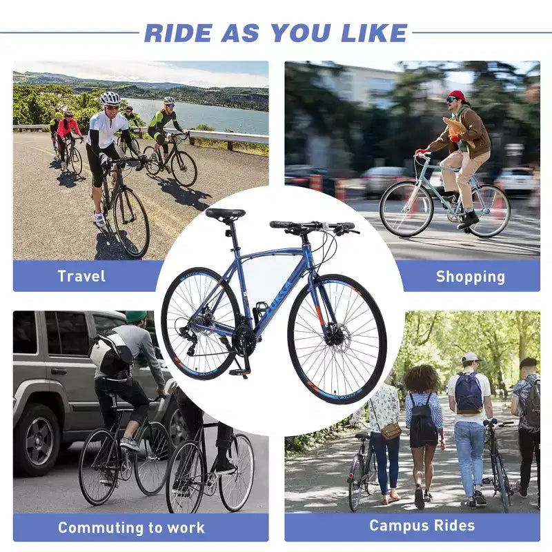 Bici da strada con trasmissione a 24 velocità, bici 700C con freni a disco, bici da città leggera con telaio in lega di alluminio, bici ibrida da strada per uomo e donna