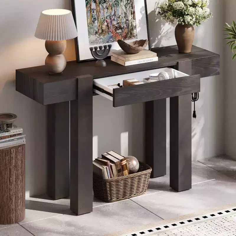 GDFStudio Sam 47.25 Rustic Minimalist Console Table with Hidden Drawer and Side Power Outlet